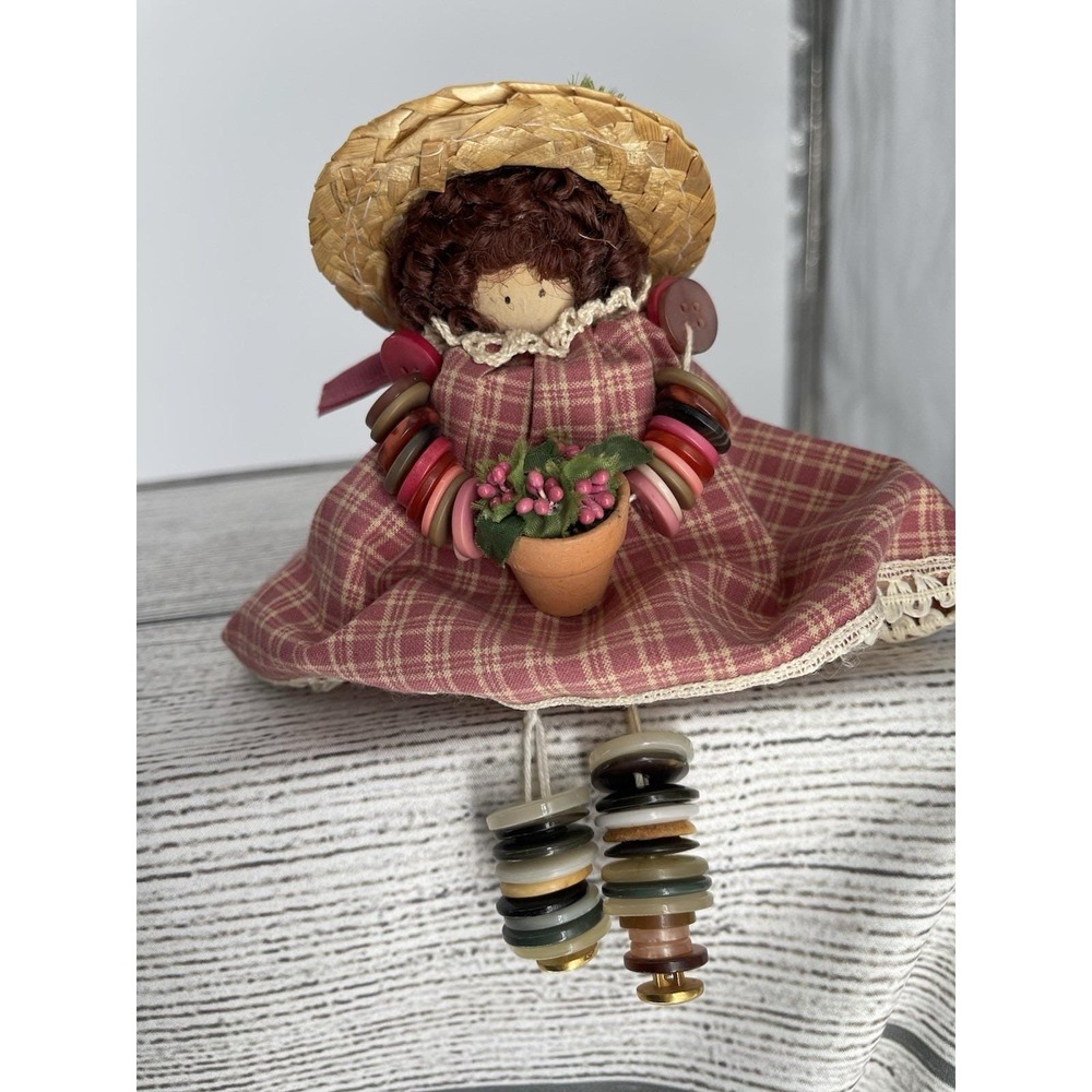 Vtg Button Baby Shelf Sitter Doll‎ Staw Hat Spool & Button Cottage Granny Core